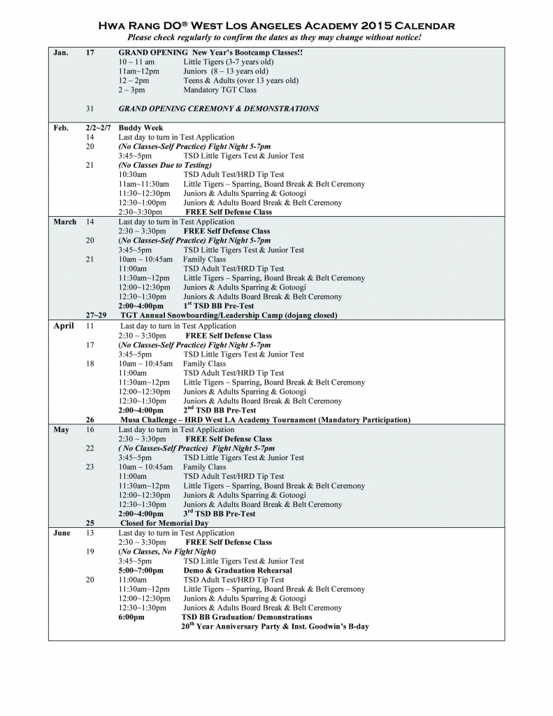 Hwa Rang Do Class Schedule